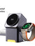 3-in-1 foldable magnetic wireless charger with smartphone, smartwatch, and wireless earphone on a gray background