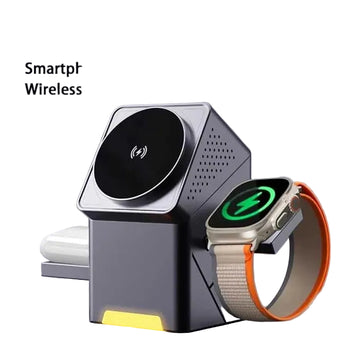 3-in-1 foldable magnetic wireless charger with smartphone, smartwatch, and wireless earphone on a gray background