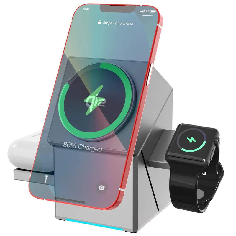 3-in-1 foldable magnetic wireless charger with smartphone, smartwatch, and wireless earphone on a gray background