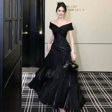 French-style Black Off-shoulder Luxury Dress