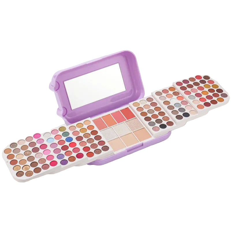 Makeup palette with various colors and a mirror on a white background